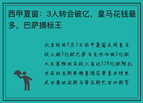 西甲夏窗：3人转会破亿，皇马花钱最多，巴萨摘标王