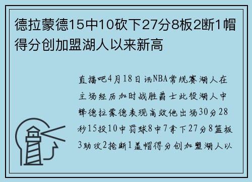 德拉蒙德15中10砍下27分8板2断1帽 得分创加盟湖人以来新高